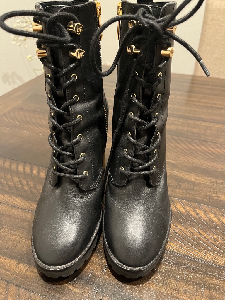 Michael Kors Black Leather Lace-Up Combat Boots With Gold Accents
